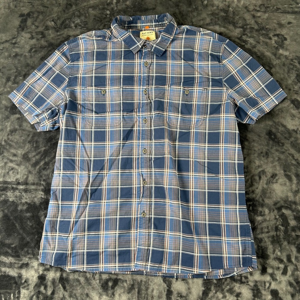 Ruff Hewn Button Down Shirt Mens XL Blue Plaid Short Sleeve Stretch Pockets